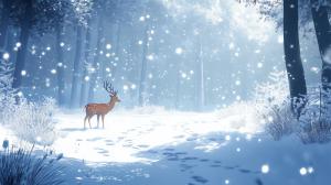 A serene winter wonderland with a deer in a snow-covered forest scene.