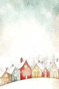 A charming winter scene with colorful houses and snow, perfect for holiday greetings or cozy presentations.

