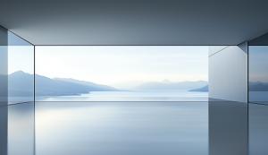 A futuristic business room with glass walls and serene mountain views, ideal for presentations.