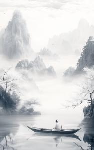 This serene Chinese watercolor background evokes tranquility with a lone figure in a boat amidst misty mountains.

