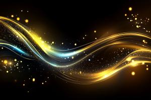 This abstract background features flowing golden light waves on a dark backdrop, perfect for dynamic presentations.

