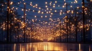 Download this background image featuring a festive street adorned with hanging lights, creating a warm and inviting atmosphere.