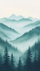 A serene mountain scene with misty hills and evergreen forests, evoking tranquility and natural beauty.

