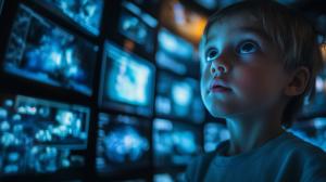 This image depicts a child captivated by multiple screens, symbolizing technology&#039;s overwhelming presence in modern life.
