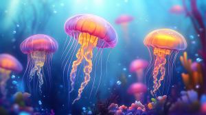 A vibrant underwater scene featuring luminous jellyfish and colorful coral, perfect for marine-themed presentations.

