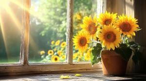 This image features bright sunflowers in a window, illuminated by warm morning sunlight.

