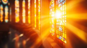 A beautiful stained glass window illuminated by sunlight, ideal for religious presentations.