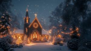 This image depicts a beautifully lit church on Christmas Eve, surrounded by snow and festive decorations.