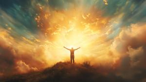 This image depicts a figure in worship against a radiant sky, symbolizing the beauty of God&#039;s creation.

