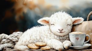 This image features a cozy lamb sleeping next to a warm drink and cookies, evoking winter relaxation and comfort.

