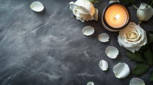 This image features white roses and a candle, symbolizing remembrance and peace.

