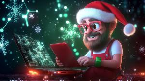 This image features a cheerful Christmas worker using a laptop, blending holiday spirit with high-tech innovation.
