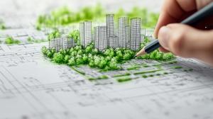 This image illustrates green architecture with modern buildings and surrounding greenery.

