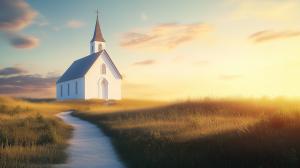 This image depicts a tranquil country church at sunset, ideal for worship and community themes.