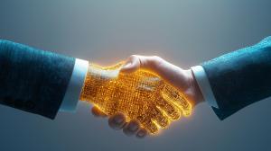 Download this image illustrating a digital handshake, symbolizing partnership between technology and human collaboration.