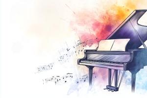 This image features a grand piano with musical notes on a colorful watercolor background.

