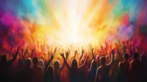 This vibrant background shows silhouettes of people celebrating, ideal for praise and worship themes.

