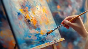 This image illustrates the creative process with a hand painting on a vibrant canvas.