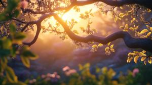 This image features a tree branch illuminated by warm sunlight, symbolizing nature and tranquility.

