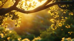 A serene forest background with sunlight filtering through leaves, evoking tranquility and connection to nature.
