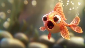 This image features a surprised goldfish with expressive eyes, set against a whimsical underwater background.

