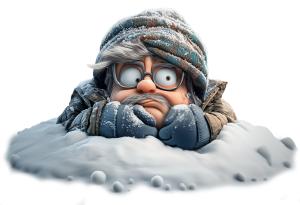A cartoon elderly man, buried in snow, expressing the hardships and dislike of winter.