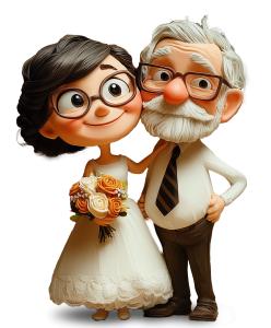 Download a wedding anniversary couple PNG clipart. A joyful animated bride and groom illustration perfect for love, relationships, and milestone celebrations.