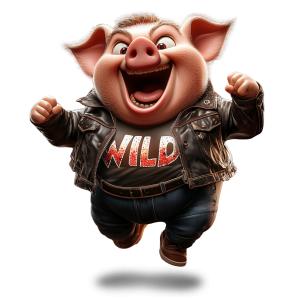 A cheerful pig character in a leather jacket, embodying the idiom &quot;going hog wild.&quot;