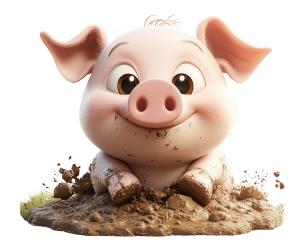 Download a clipart image of a cheerful cartoon pig joyfully playing in the mud, symbolizing the joy of simple pleasures.