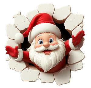 Download this clipart of a Santa Claus joyfully breaking through a wall, embodying the spirit of surprise and holiday cheer.