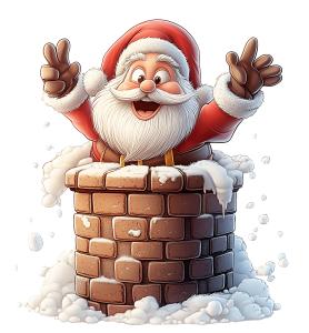 Santa Claus joyfully pops out of a chimney, surrounded by snow, embodying the festive spirit of Christmas.