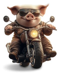A cheerful pig in sunglasses rides a motorcycle, symbolizing the phrase &quot;going whole hog.&quot;