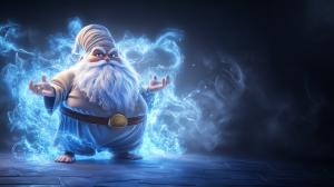 A magical genie with a glowing blue aura, inviting wishes and creativity.

