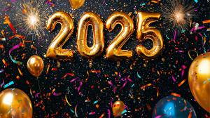 This festive image features golden &quot;2025&quot; balloons, confetti, and fireworks, perfect for a New Year celebration theme.