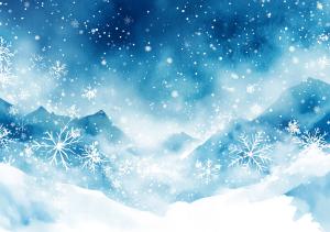 A serene abstract winter scene with snowflakes and misty mountains in shades of blue.

