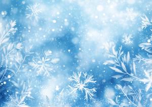 This abstract winter background features soft blue hues and delicate white snowflakes, creating a serene winter atmosphere.