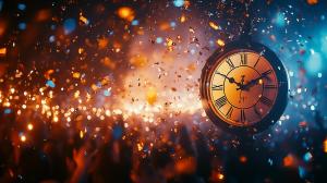 This festive background features a clock and confetti, perfect for New Year celebrations.