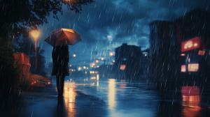 This image depicts a mysterious rainy night scene with a figure holding an umbrella, evoking suspense and solitude.


