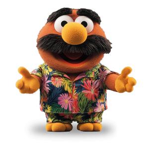A cheerful orange puppet in a floral shirt, radiating happiness and playfulness.