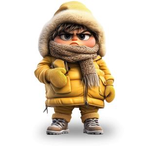 Download this cartoon character in yellow winter clothes, exuding confidence and readiness for cold weather.