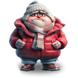 Download a cartoon man in winter clothing PNG. A humorous cold-weather clipart ideal for winter presentations, holiday projects, and seasonal designs.