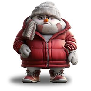 Download this cartoon snowman in winter clothing, expressing discomfort in the cold.