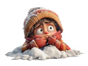 A worried boy bundled in winter clothing, sitting in a pile of snow.