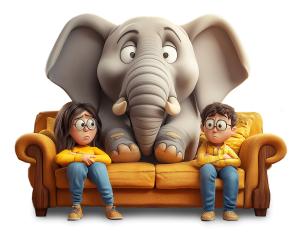 A cartoon depicting a couple on a couch with an elephant, symbolizing an unspoken issue or tension.