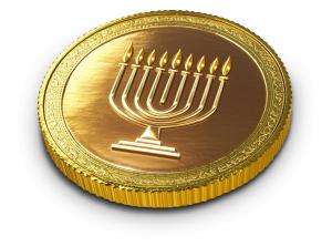 Download this clipart image featuring a gold gelt coin with a menorah symbol, representing Jewish tradition and history.