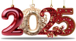 This vibrant image represents the festive celebration of New Year 2025 with ornate, colorful ornaments.