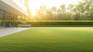 A modern home with a lush green lawn illuminated by warm sunlight.

