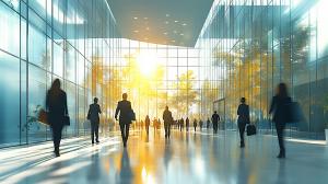 This image features a modern urban business corridor filled with professionals and illuminated by sunlight.

