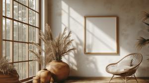 This image depicts a serene modern living room with natural light, a rattan chair, and decorative plants.


