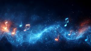 This abstract musical background features vibrant notes and wave patterns against a dark backdrop.

